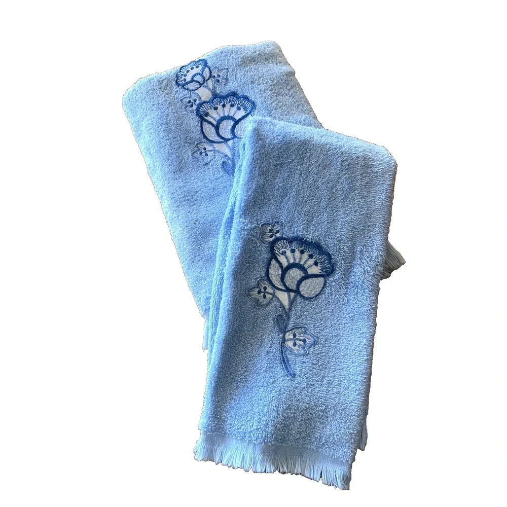 Vintage 1960s Bath Towel Set Hand & Body Blue Floral Aquarius Zodiac MCM Pair